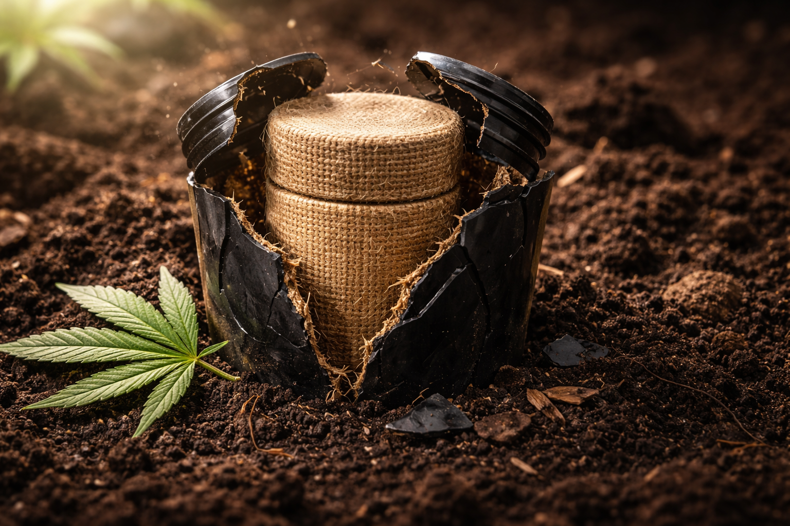 Plastic cannabis packaging waste beside eco-friendly hemp packaging materials symbolizing the industry’s push toward sustainable alternatives.