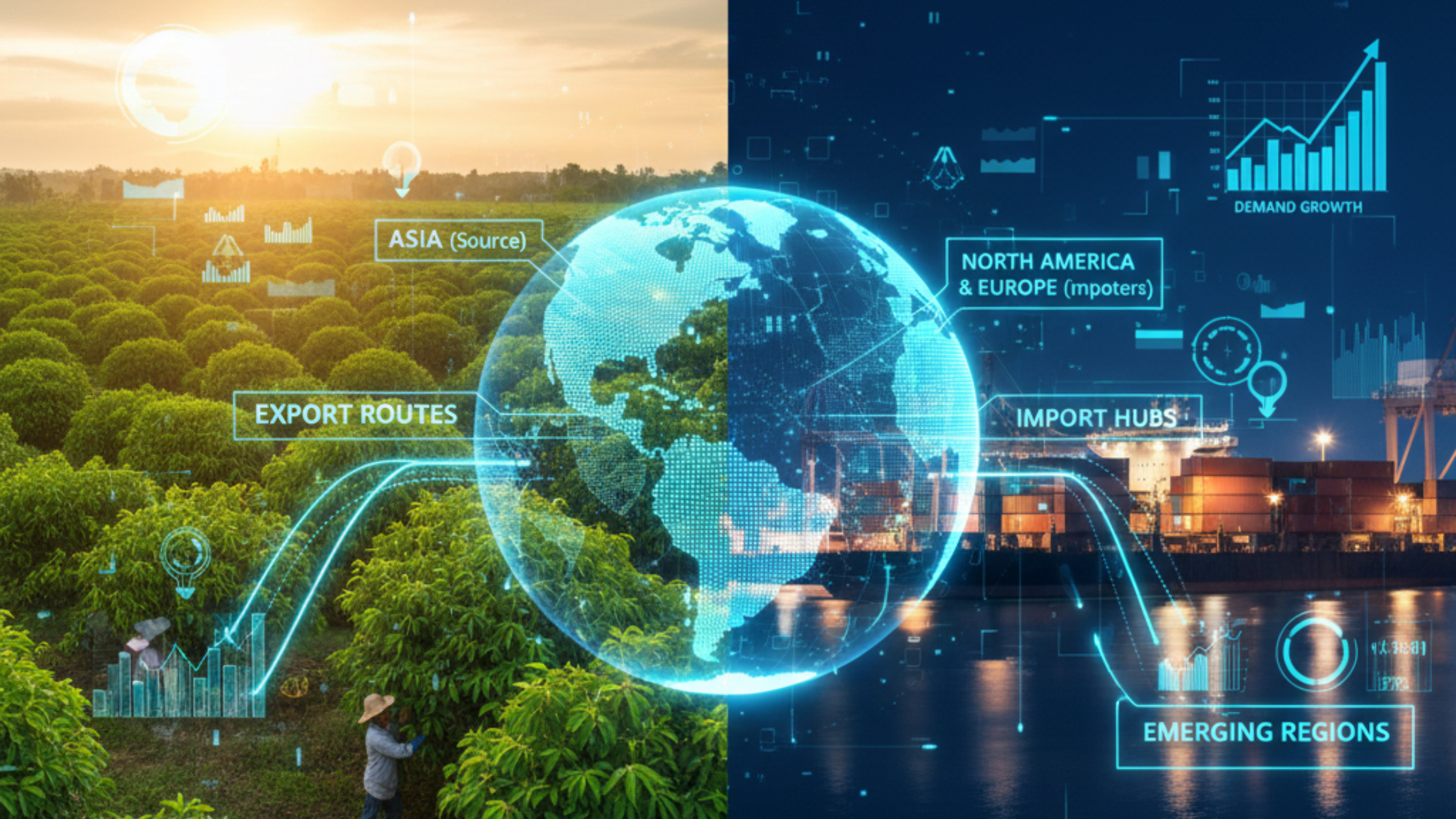 global market dynamics for Kratom, focusing on export and import trends.