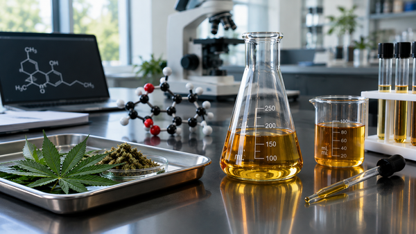 A cannabis testing laboratory bench with a flask of amber liquid, a pipette, a molecular model, and a tray of dried hemp leaves as a lab sample.