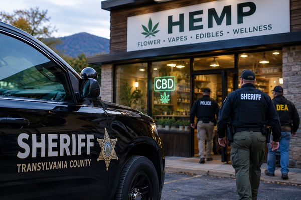 Officers outside a hemp shop during searches of 13 hemp businesses in Transylvania County, North Carolina.