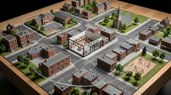 City model visualizing strict municipal buffer zones and zoning laws restricting a hemp retail store's location.