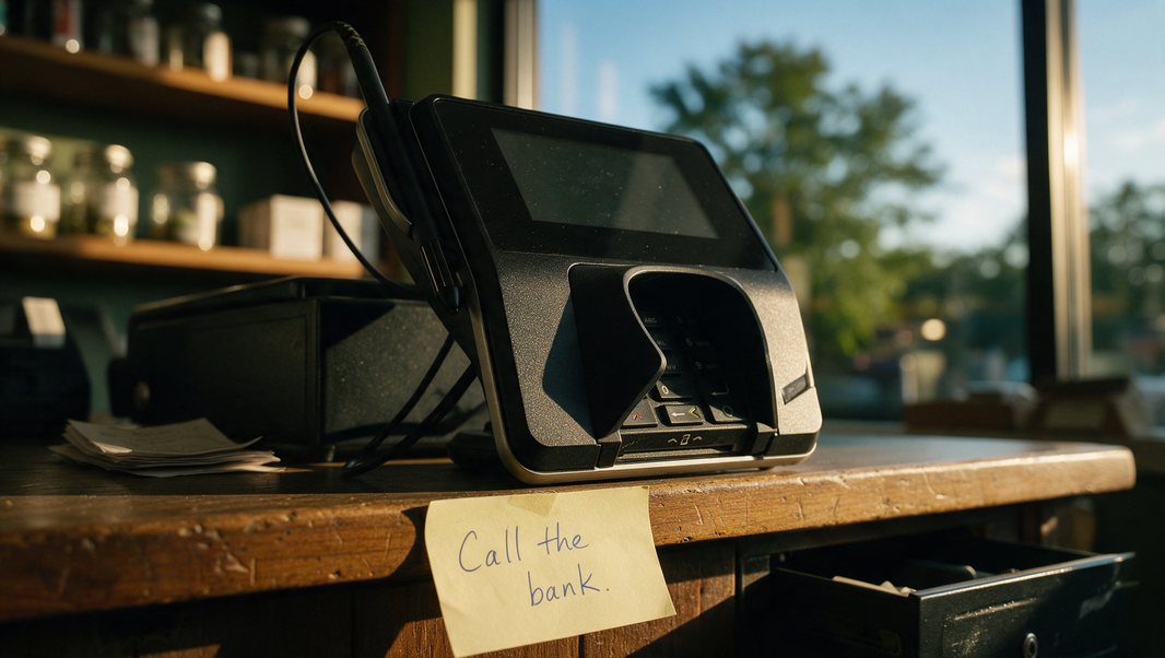 A card payment terminal with a blank screen on a wooden hemp shop counter, with a handwritten sticky note reading Call the bank